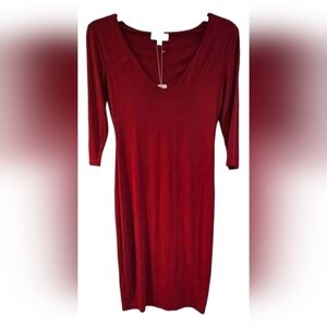 See You Monday - Red Slim V-Neck Midi Dress w/ 3/4" Long Sleeves NWT​​​​​